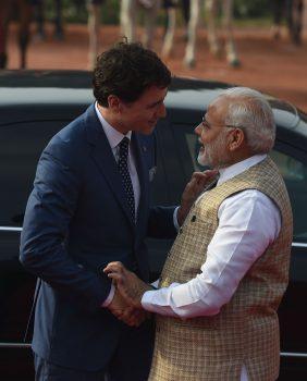 India's Prime Minister Narendra Modi (R) shakes hands with Canada's Prime Minister Justin Trudeau (L) during a ceremonial reception at the Presidential Palace in New Delhi on Feb. 23, 2018.<br/>(Prakash Singh/AFP/Getty Images)
