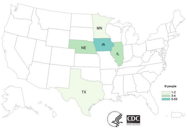 People infected with the outbreak strain of Salmonella Typhimurium, by state of residence, as of Feb. 21, 2018. (CDC)