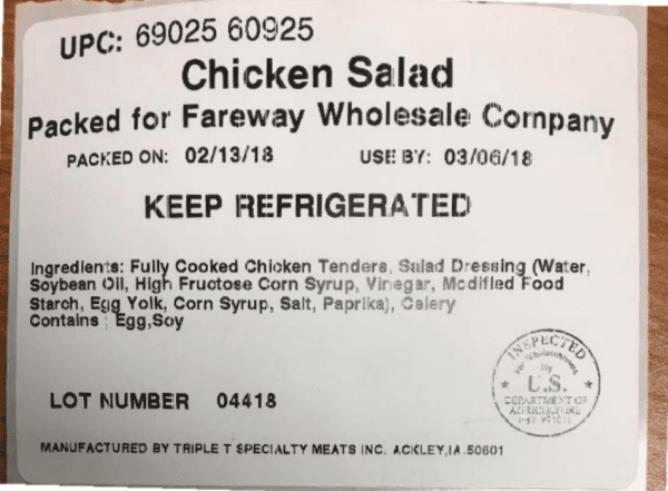 A label of Fareway chicken salad recalled for potential salmonella infection. (U.S. Department of Agriculture’s Food Safety and Inspection Service)