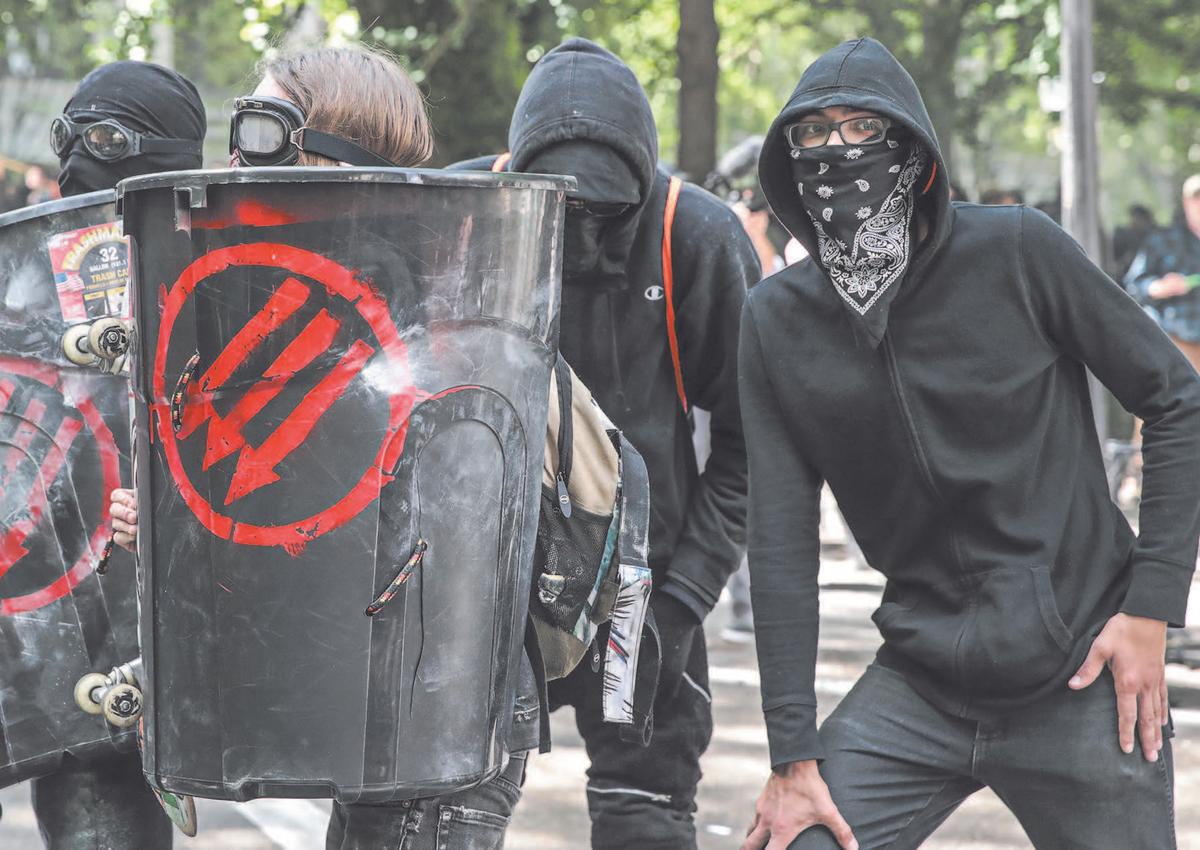 Antifa members during a protest in Portland, Ore., on June 4, 2017. (SCOTT OLSON/GETTY IMAGES)