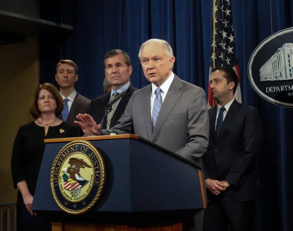 Attorney General Jeff Sessions speaks at a press conference about elder fraud at the Department of Justice in Washington on Feb. 22, 2018. (Charlotte Cuthbertson/The Epoch Times)