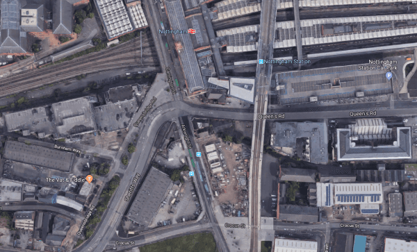The junction of Carrington Street and Queens Road in Nottingham, accident site. (Screenshot via Google Maps)