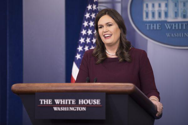 White House Press Secretary Sarah Huckabee Sanders speaks during a White House press briefing in Washington on Feb. 27, 2018. (Samira Bouaou/The Epoch Times)