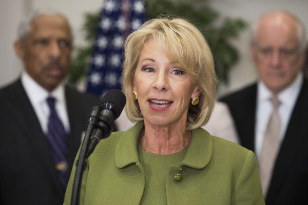 Secretary of Education Betsy DeVos President speaks before Donald Trump announced Johnny Taylor, Jr. as the Chairman of the President’s Board of Advisors on Historically Black Colleges and Universities in the Roosevelt Room of the White House in Washington on Feb. 27, 2018. (Samira Bouaou/The Epoch Times)