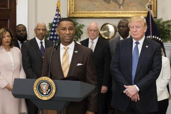 Johnny Taylor, Jr. speaks after President Donald Trump announced him as the Chairman of the President’s Board of Advisors on Historically Black Colleges and Universities in the Roosevelt Room of the White House in Washington on Feb. 27, 2018. (Samira Bouaou/The Epoch Times)