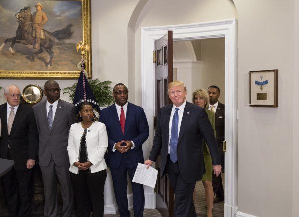 President Donald Trump arrives before he announced Johnny Taylor, Jr. as the Chairman of the President’s Board of Advisors on Historically Black Colleges and Universities in the Roosevelt Room of the White House in Washington on Feb. 27, 2018. (Samira Bouaou/The Epoch Times)