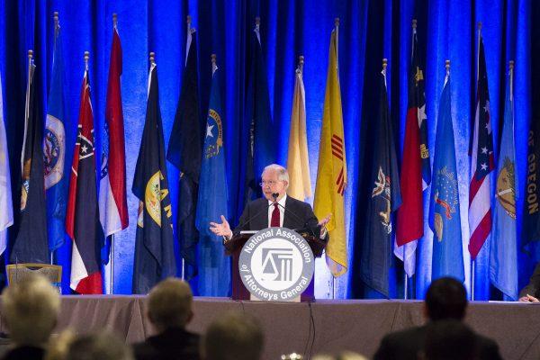 Attorney General Jeff Sessions speaks at the National Association of Attorneys General Winter Meeting at the Ritz-Carlton West End in Washington, on Feb. 27, 2018. (Charlotte Cuthbertson/The Epoch Times)