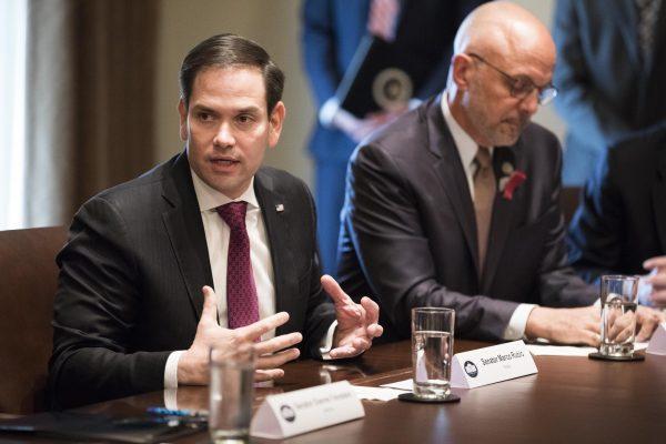 Sen. Marco Rubio (R-Fla.) at a meeting with President Donald Trump and bipartisan Members of Congress to discuss school and community safety in the Cabinet Room of the White House in Washington on Feb. 28, 2018. (Samira Bouaou/The Epoch Times)
