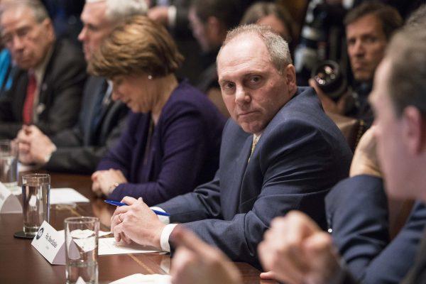 House of Representatives Majority Whip Steve Scalise (R-La.) at a meeting with President Donald Trump and bipartisan Members of Congress to discuss school and community safety in the Cabinet Room of the White House in Washington on Feb. 28, 2018. (Samira Bouaou/The Epoch Times)