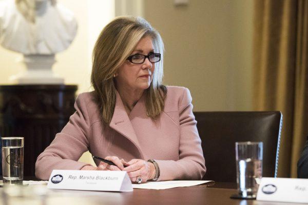 Rep. Marsha Blackburn (R-Tenn.) meets with President Donald Trump and bipartisan Members of Congress to discuss school and community safety in the Cabinet Room of the White House in Washington on Feb. 28, 2018. (Samira Bouaou/The Epoch Times)