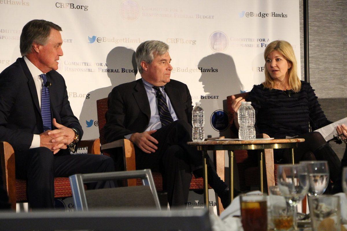 Senator David Perdue (R-Ga.) (L), Sen. Sheldon Whitehouse (D-R.I.), and President of the Committee for Responsible Budget (CFRB) Maya MacGuineas at the 2018 Better Budget Process Summit in Washington on Feb. 26, 2018. (Courtesy of the CFRB)