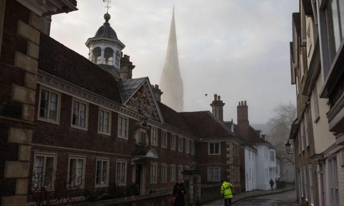 Salisbury Cathedral emerges from a morning fog in town centre, where a man and woman had been found unconscious two days previosly, on March 6, 2018 in Salisbury, England. (Dan Kitwood/Getty Images)