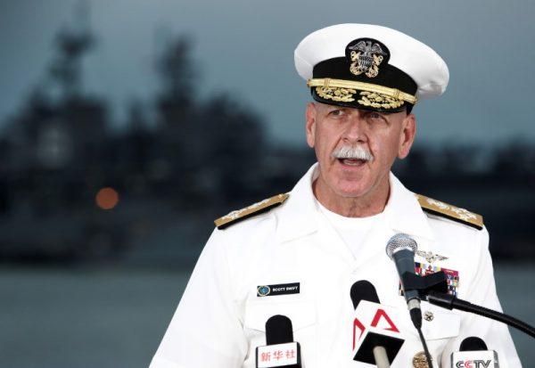 Admiral Scott Swift, Commander of the U.S. Pacific Fleet, speaks at a news conference near the damaged USS John McCain and the USS America at Changi Naval Base in Singapore, on August 22, 2017. (Calvin Wong/Reuters)