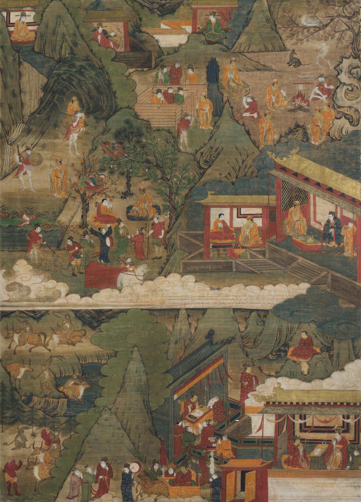 A rare Chinese-style Jataka tales Thangka painting from the 15th century, made of opaque pigments on cloth. (Navin Kumar Gallery)