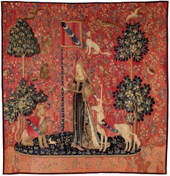 “Touch,” circa 1500, from “The Lady and the Unicorn” series. Wool and silk, 146 7/8 inches by 141 inches. Musée de Cluny–Musée national du Moyen Age, Paris. (RMN-GP/M Urtado)