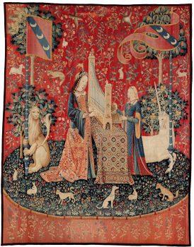 “Hearing,” circa 1500, from 'The Lady and the Unicorn' series. Wool and silk, 145 1/4 inches by 114 1/8 inches. Musée de Cluny–Musée national du Moyen Age, Paris. (RMN-GP/M Urtado)