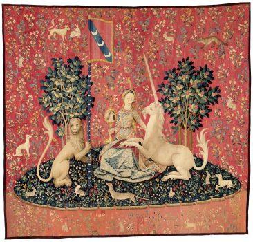 “Sight,” circa 1500, from 'The Lady and the Unicorn' series. Wool and silk, 122 7/8 inches by 130 inches. Musée de Cluny–Musée national du Moyen Age, Paris. (RMN-GP/M Urtado)