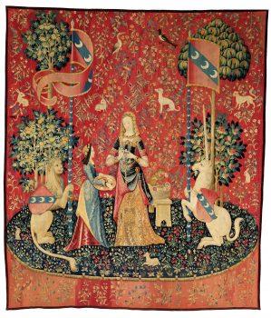 “Smell,” circa 1500, from “The Lady and the Unicorn” series. Wool and silk, 144 7/8 inches by 126 3/4 inches. Musée de Cluny–Musée national du Moyen Age, Paris. (RMN-GP/M Urtado)