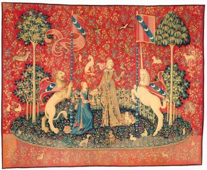 “Taste,” circa 1500, from “The Lady and the Unicorn” series. Wool and silk, 148 3/8 inches by 183 ½ inches. Musée de Cluny–Musée national du Moyen Age, Paris. (RMN-GP/M Urtado)