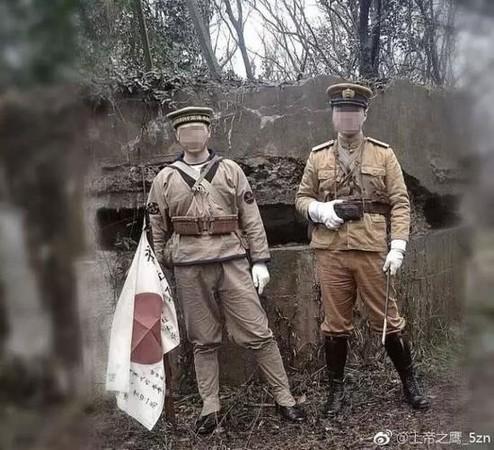 Two Chinese men were arrested by Chinese police in February for dressing up as WWII Imperial Japanese army soldiers at a historic war bunker in Nanjing. Such an act would be formally criminalized by a proposed new law co-sponsored by Jackie Chan and others. (Weibo photo)