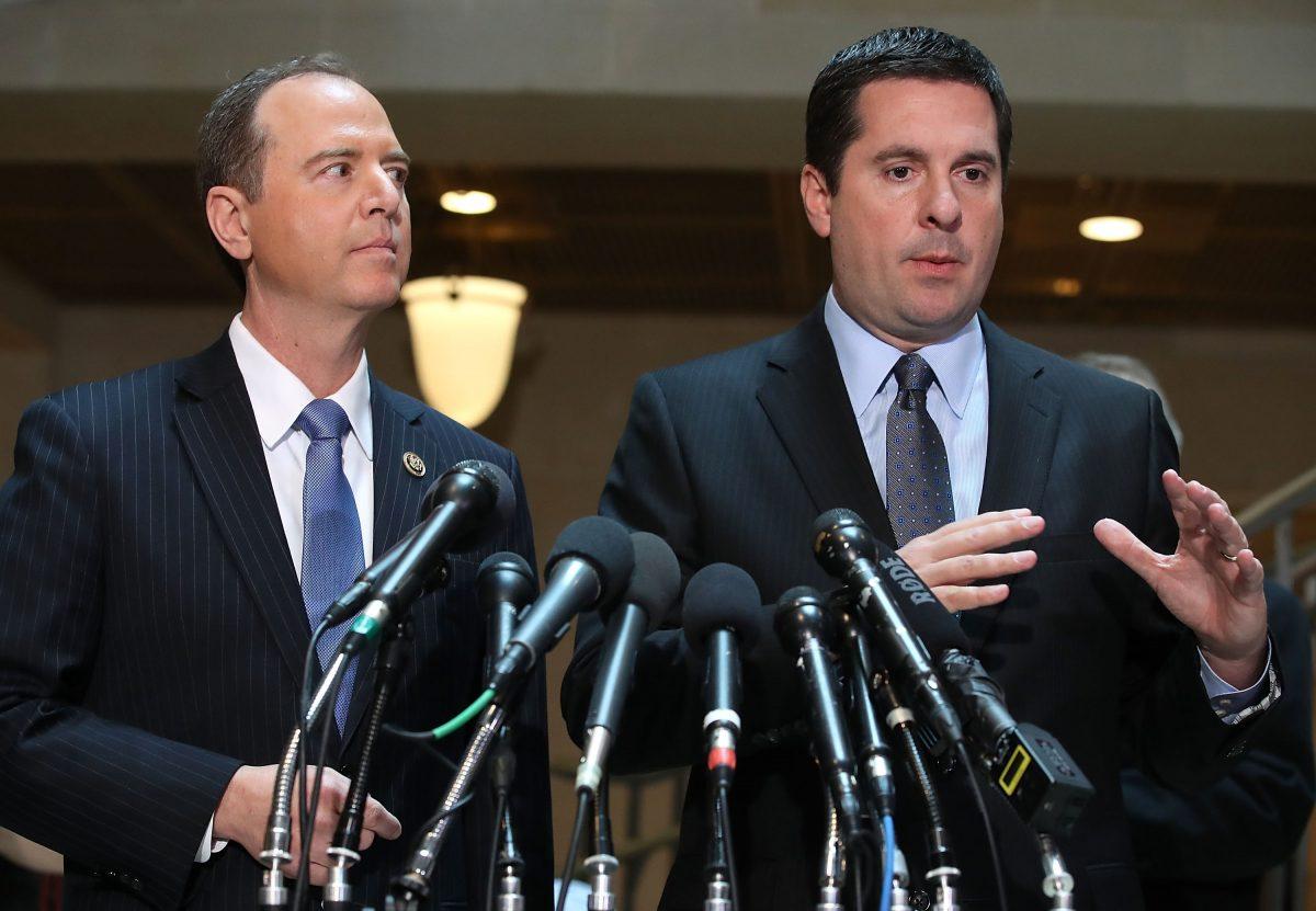 Then-House Intelligence Committee Chairman Devin Nunes (R-Calif.) and Rep. Adam Schiff (D-Calif.) speak to the media about committee's investigation into Russian interference in the 2016 presidential election, at the U.S. Capitol in Washington on March 15, 2017. (Mark Wilson/Getty Images)
