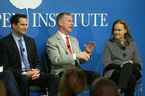 Seth Moulton (D-Mass.) (L) during a discussion on military service at the Aspen Institute in Washington, DC, on November 30, 2015. (Mark Wilson/Getty Images)