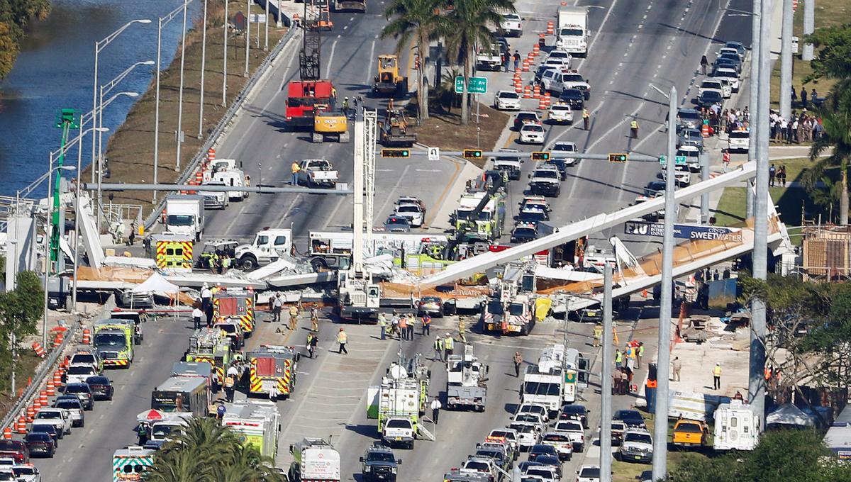 An aerial view shows a pedestrian bridge collapsed at Florida International University in Miami, Florida, on March 15, 2018. (REUTERS/Joe Skipper)