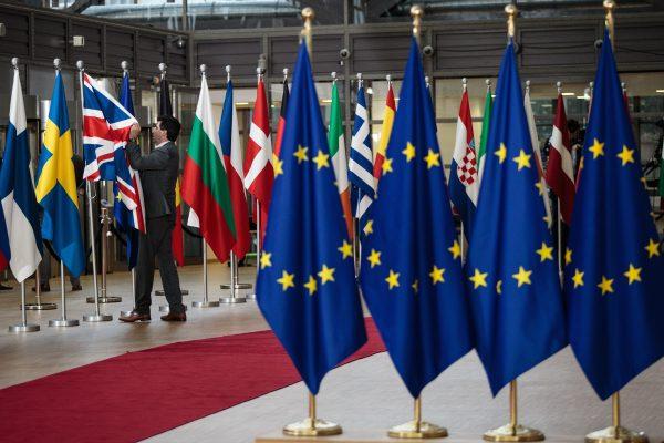Flags at the Council of the European Union at the European Council leaders' summit in Brussels on March 23, 2018. (Jack Taylor/Getty Images)