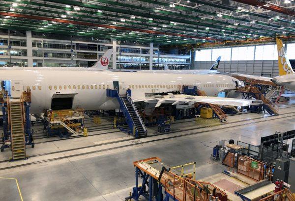 Planes are seen under construction at a Boeing assembly plant in North Charleston, South Carolina on March 25, 2018. The sparkling new Boeing 787s bound for China Southern Airlines and Air China are waiting to be delivered. (Luc Olinga/AFP/Getty Images)