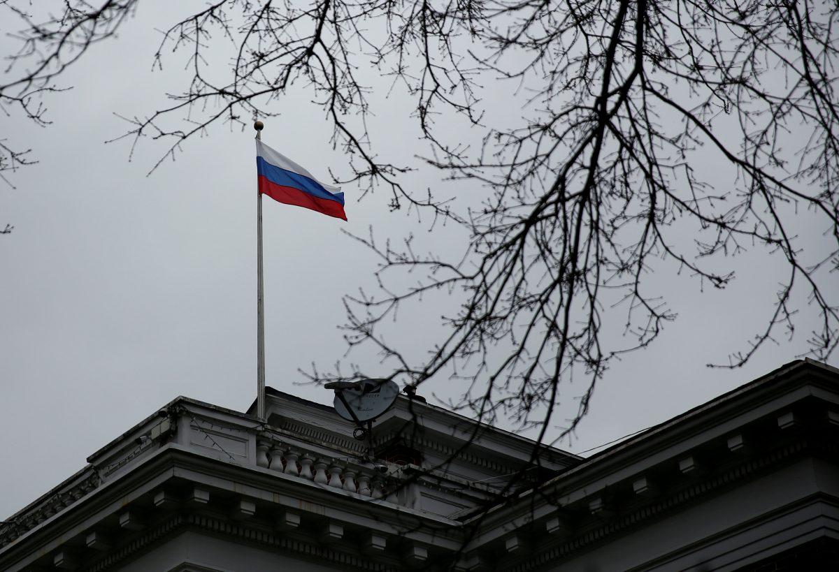 A Russian flag flies atop the Consulate General of the Russian Federation in Seattle on March 26, 2018. (Lindsey Wasson/Reuters)