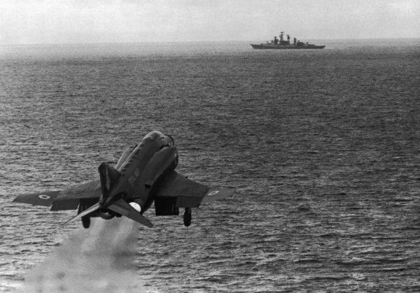 In this file photo, a F-4 Phantom II fighter-bomber of the Royal Navy is launched from the 'HMS Ark Royal' in September 1972. (Fox Photos/Hulton Archive/Getty Images)