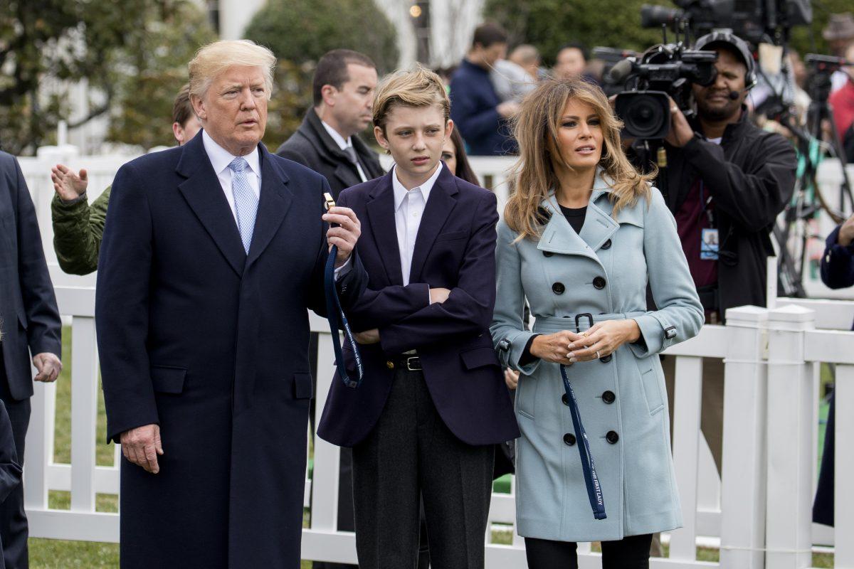 President Donald Trump, First Lady Melania Trump, and Barron Trump at the annual Easter Egg Roll on the South Lawn of the White House on April 2, 2018. (Samira Bouaou/The Epoch Times)