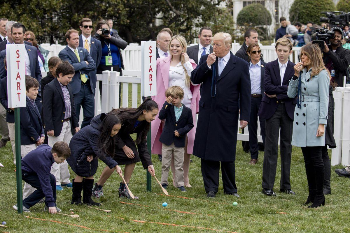 (L-R) Tiffany Trump, President Donald Trump, Barron Trump, and First Lady Melania Trump at the annual Easter Egg Roll on the South Lawn of the White House on April 2, 2018. (Samira Bouaou/The Epoch Times)