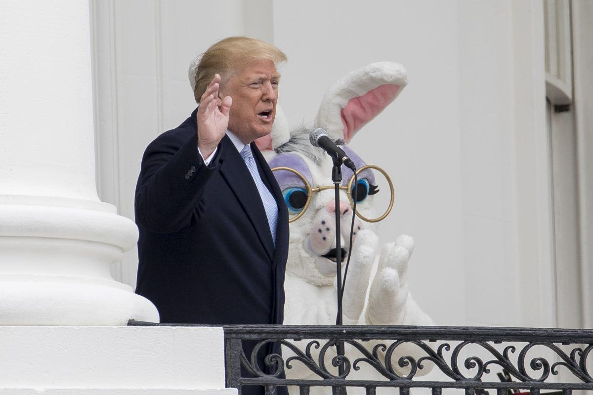 President Donald Trump and the Easter Bunny at the annual Easter Egg Roll on the South Lawn of the White House on April 2, 2018. (Samira Bouaou/The Epoch Times)
