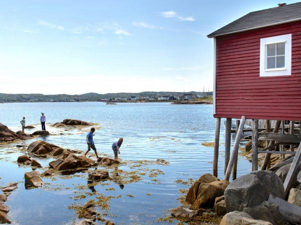 Exploring the shoreline. On the right is a fishing stage, a <span class="st">traditional building associated with the cod fishery in Newfoundland</span>. (Courtesy of Fogo Island Inn)