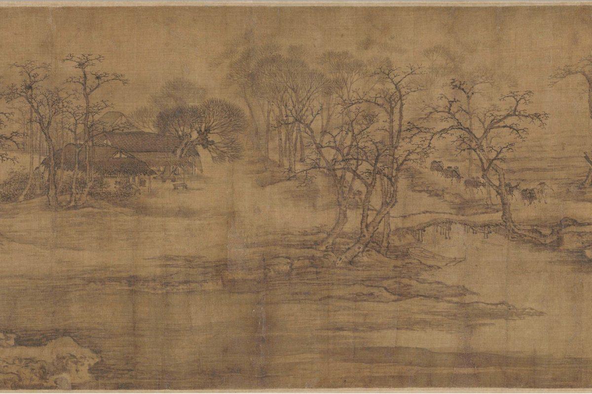  1. The scroll begins at early dawn with a woodsman who leads several donkeys to cross a bridge in the bucolic countryside. The elm trees are barren after shredding their leaves, which signifies the winter or early spring. A stream in the foreground leads to a wooden house with a tiled roof that is situated in the woods. A tranquil atmosphere pervades the scene.