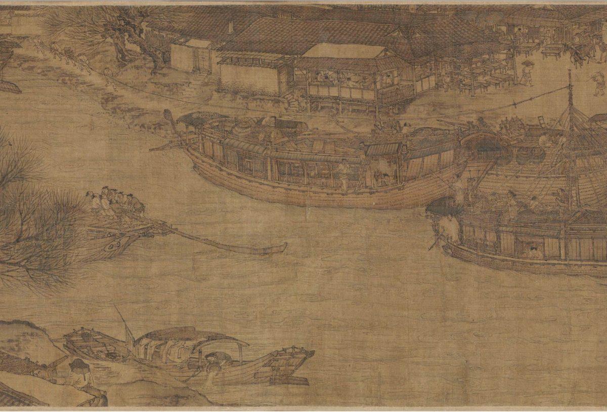  4. As the river widens, the composition divides into water and land. A towline anchored from a mast extends throughout this entire section, as workers are tugging the boat upstream. Looking through the windows of the boats reveals furniture used for tourists, while the crews prepare the boats. To the left, eight boatmen use an oar to row their boat; and in the foreground, a woman hangs her clothes on her boat and <span style="color: #000000;">pours water into the river after doing laundry.</span>
