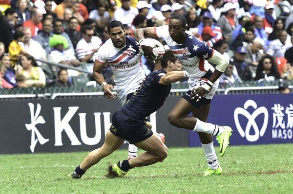 American speedster, Perry Baker delighted the crowd with some superb running in the Hong Kong Rugby 7’s Pool matches today, Saturday April 7. (Bill Cox/Epoch Times)