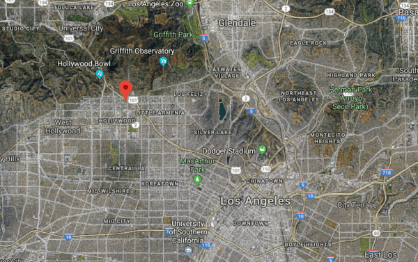 The approximate location where a man climbed a crane in Hollywood, Calif., on April 8, 2018. (Screenshot via Google Maps)