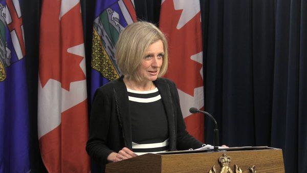 Then-Alberta Premier Rachel Notley speaks on May 8, 2018. (The Canadian Press)