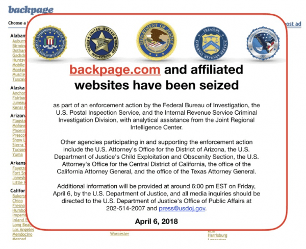 A screenshot of Backpage.com after t was seized on April 6, 2018. (Screenshot/The Epoch Times)