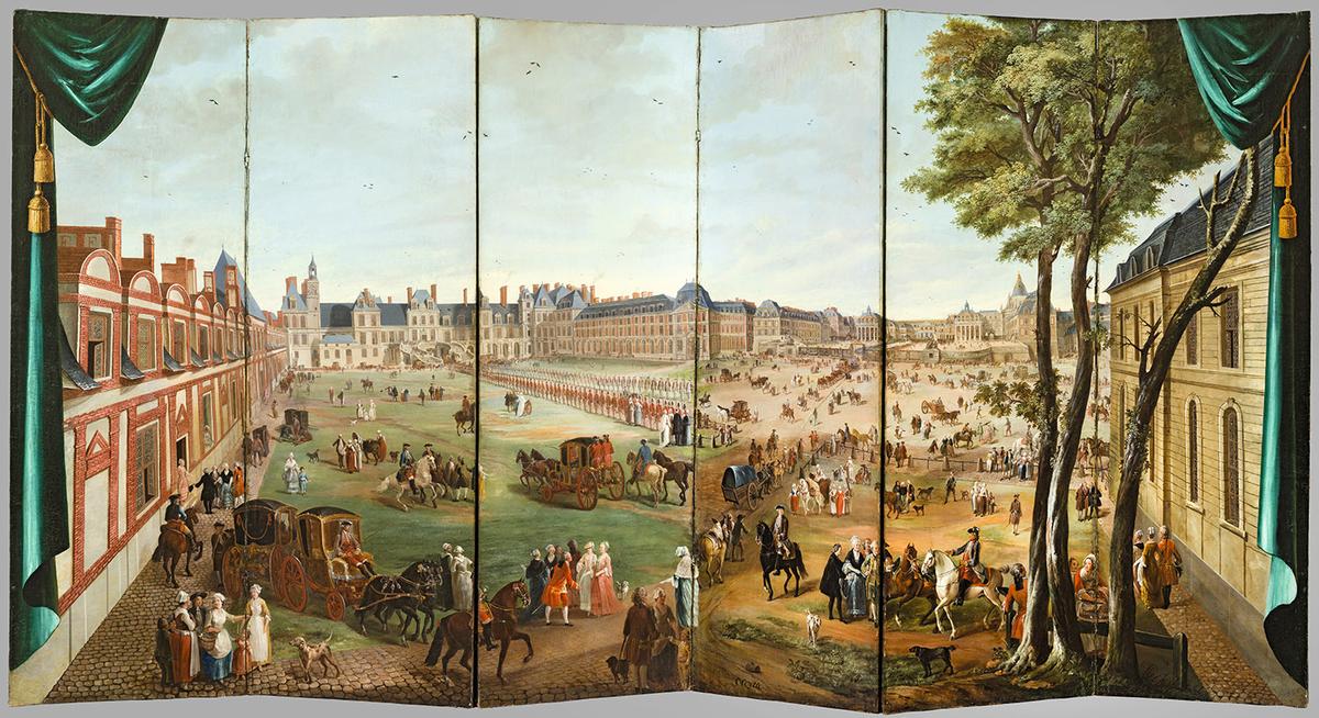 "Folding Screen With Views of the Château de Versailles From the Avenue de Paris and the Cour du Cheval Blanc at the Château de Fontainebleau," circa 1768–1770, by Charles Cozette (French, 1713–1797). Wood, oil on canvas, painted leather, 79 1/2 inches by 153 1/8 inches. Collection of Monsieur and Madame Dominique Mégret, Paris. ( F. Doury)