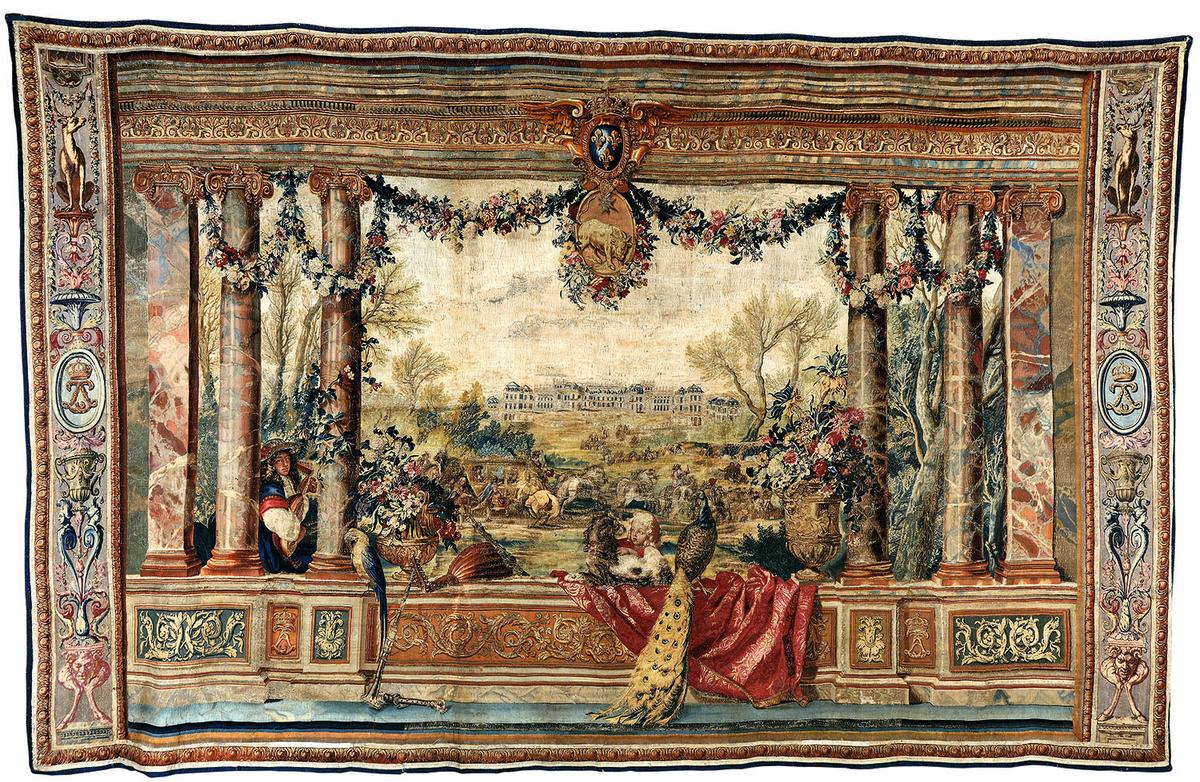 “The Palace of Versailles and the Month of April," from the series "The Royal Residences and the Months of the Year,” circa 1673–1677. Gobelins Manufactory, Paris, after designs by Charles Le Brun (French, Paris 1619–1690 Paris). Wool, silk, metal thread, 13 feet 1 1/2 inches by 21 feet 4 inches. Mobilier National, Paris (GMTT 108/4). Collection du Mobilier national. (Isabelle Bideau)
