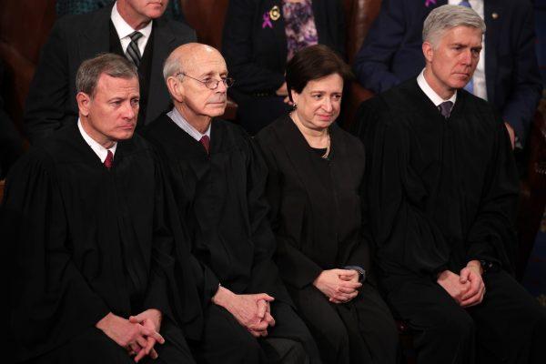 (L-R) U.S. Supreme Court Justices John G. Roberts, Stephen G. Breyer, Elena Kagan, and Neil M. Gorsuch attend the State of the Union address in Washington D.C. on Jan. 30, 2018. (Alex Wong/Getty Images)