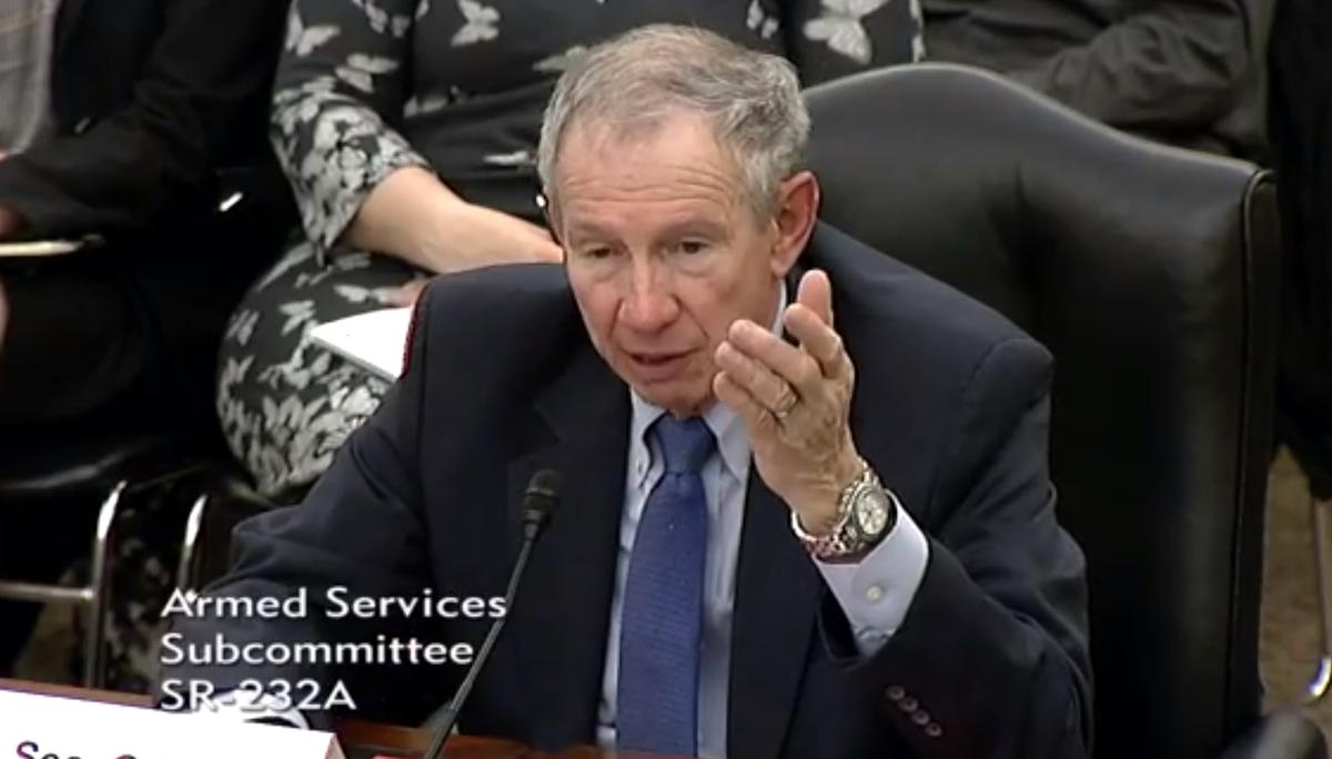 Michael D. Griffin, Under Secretary of Defense for Research and Engineering, testifies before Senate Armed Services subcommittee hearing on Accelerating New Technologies to Meet Emerging Threats, on April 18, 2018. (Screenshot from Senate Web Video)