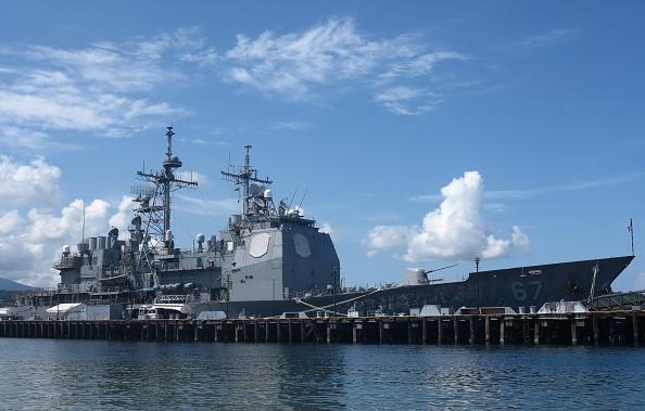 The guided-missile cruiser USS Shiloh is anchored at Subic Bay, a former US naval base in the Philippines, on May 30, 2015, as part of an ongoing US military patrol in the South China Sea amid rising tensions over China's building of artificial islands over reefs in the sea that are also claimed by other neighbours including the Philippines, a U.S. military ally. (ROBERT GONZAGA/AFP/Getty Images)