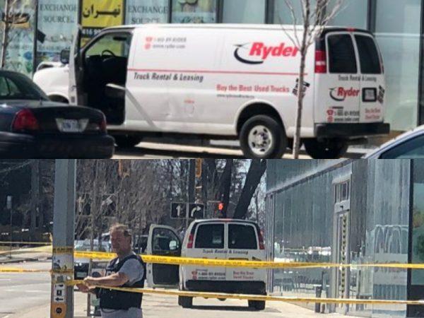 Top: The van suspected to have hit several pedestrians on April 23, 2018. Bottom: Police close off the area where a white van hit several pedestrians. (Teng Dongyu/The Epoch Times)