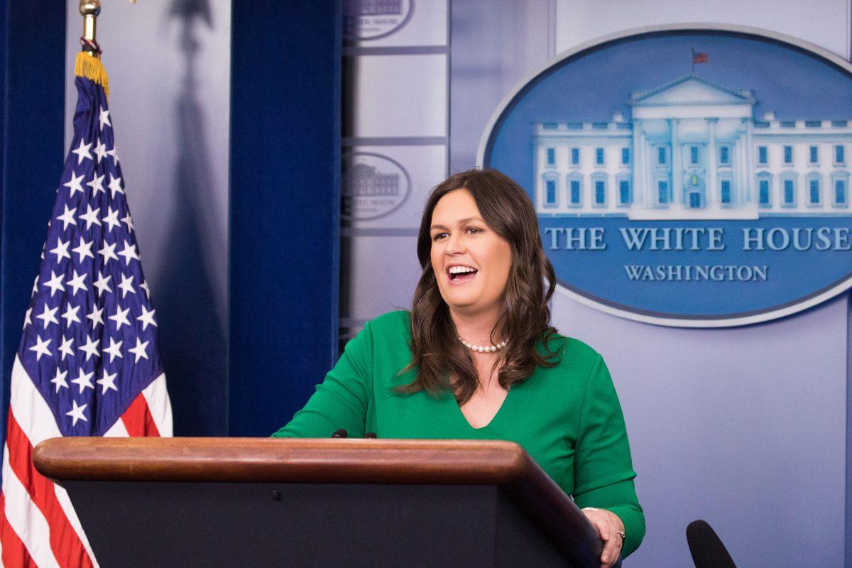 Press Secretary Sarah Huckabee Sanders takes questions from children at the White House in Washington on April 26, 2018. (Samira Bouaou/The Epoch Times)