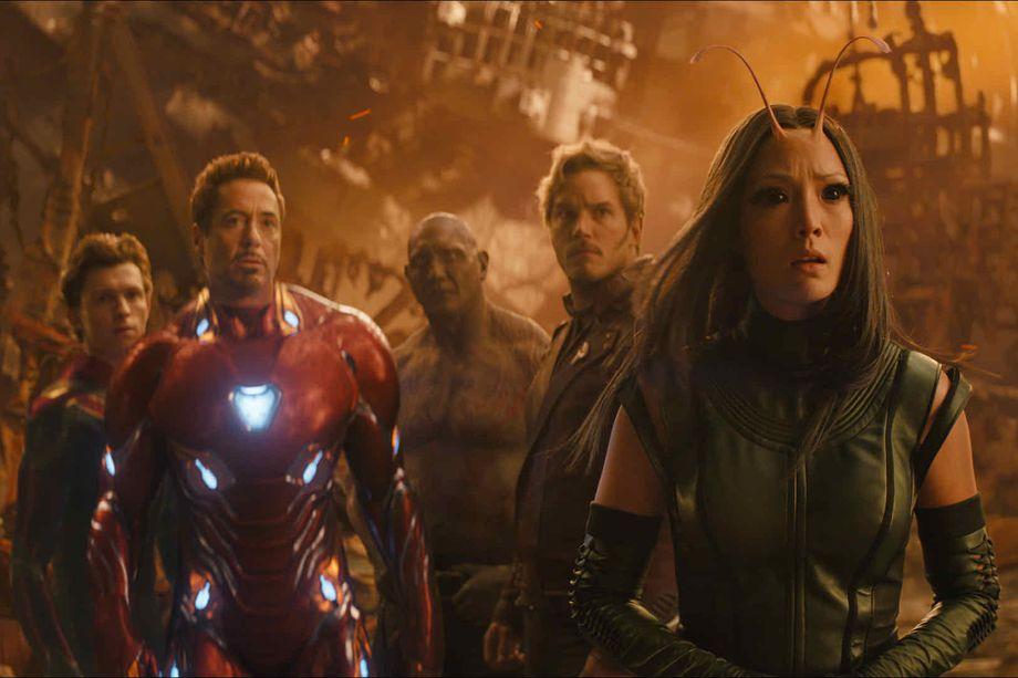 (L–R) Spider-Man/Peter Parker (Tom Holland), Iron Man/Tony Stark (Robert Downey Jr.), Drax (Dave Bautista), Star-Lord/Peter Quill (Chris Pratt), and Mantis (Pom Klementieff) in "Avengers: Infinity War." (Marvel Studios)