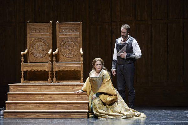 Soprano Keri Alkema as Jane Seymour and bass-baritone Christian Van Horn as Henry VIII in the Canadian Opera Company’s production of "Anna Bolena." (Michael Cooper)